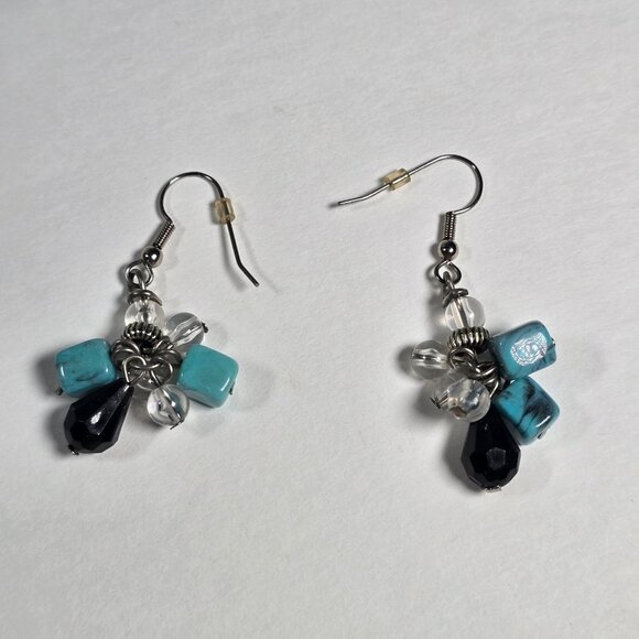 Boho Dangle Earrings Turquoise Color Acrylic Beads Black Clear Cluster Southwest - Picture 5 of 7